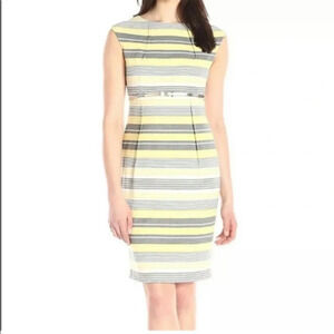 Calvin Klein Gray Yellow & White Striped Dress Belted Lined Sleeveless Size 12P
